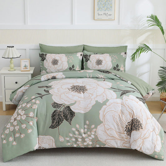 Luxudecor Floral Queen Comforter Set 7 Pieces Bed in a Bag, White Flower Print on Green Bedding Set, Soft Reversible Comforter with Sheet Set 90"x90"