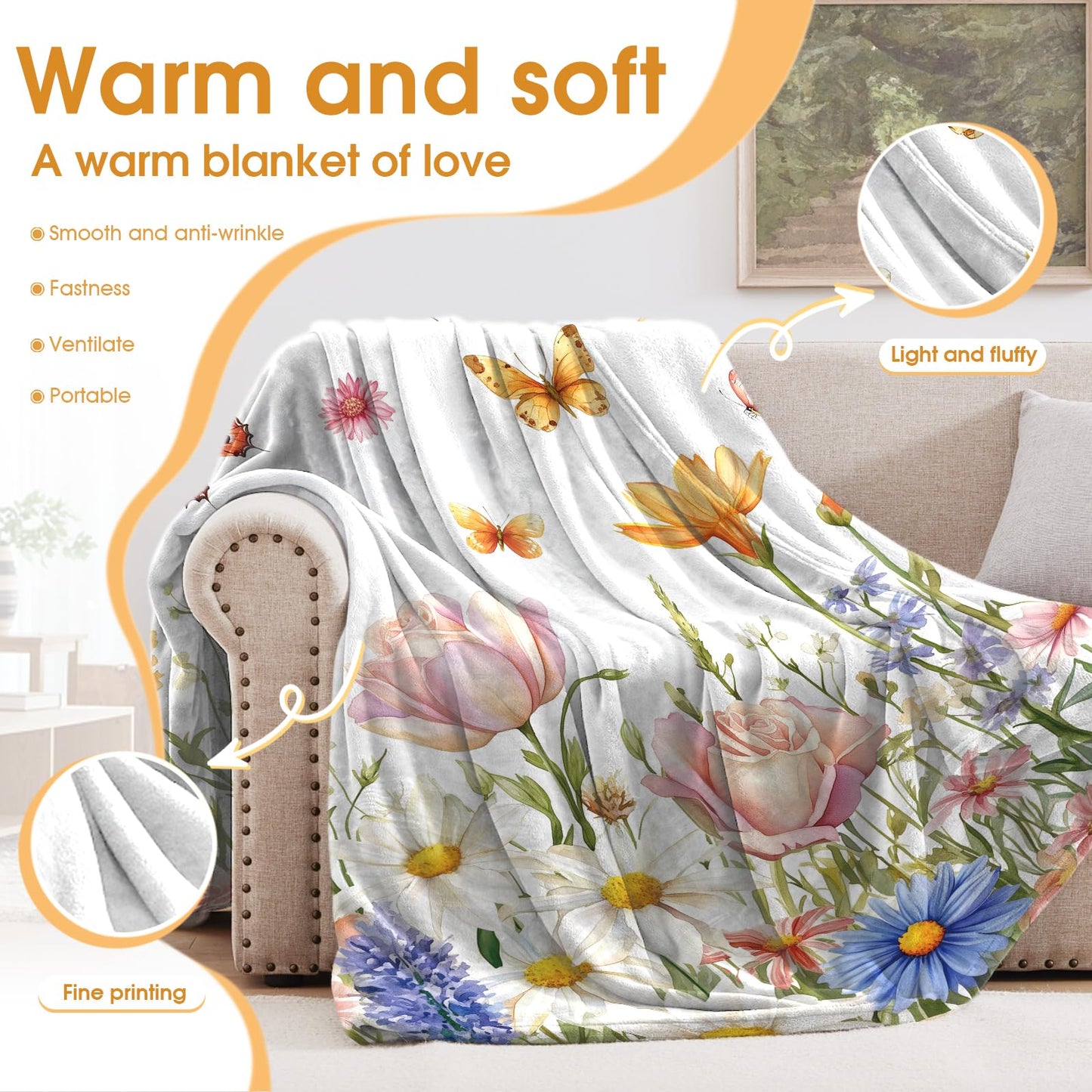 Hohoto Floral Butterfly Blanket Colorful Flowers Gifts for Women Kids Girls Wife Mom Birthday Christmas Halloween Easter Sisters Daughter Female Friends Friendship Spring Throw Blankets 50"x60"