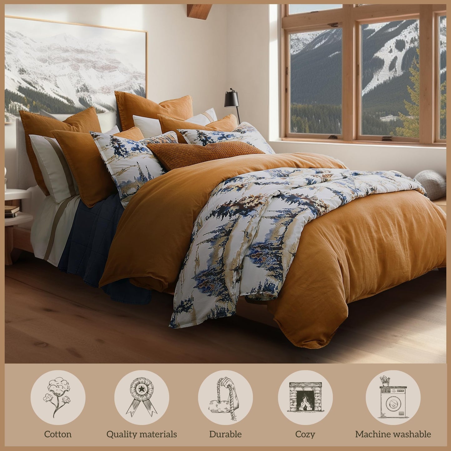Paseo Road Cabin Bedding Acadia 3 Piece Lodge Comforter Set with Pillow Shams, Queen Forest Bedding, Cotton Pine Trees Comforter Set, Woodland Nature Western Rustic Bed Set