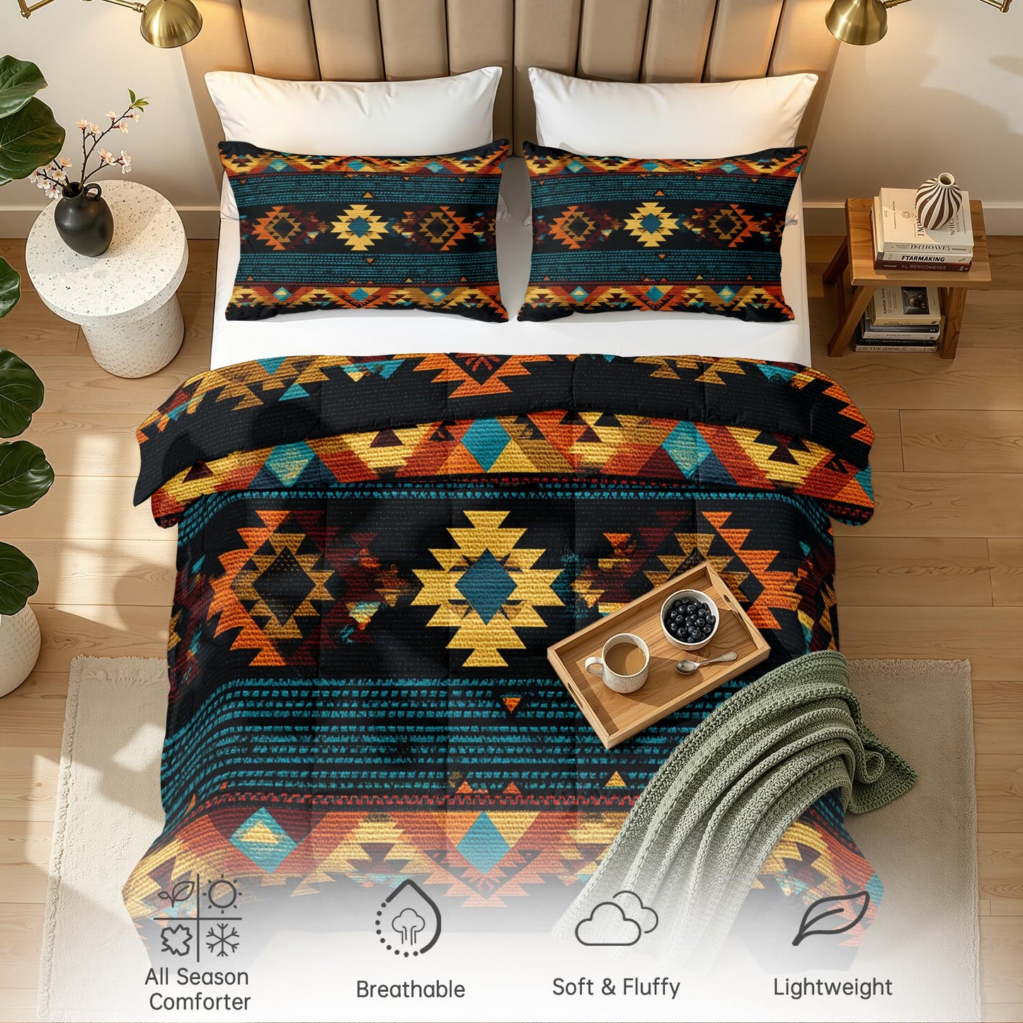 Aztec Comforter Set Queen Size 3 Pcs - All Season Duvet Insert & 2 Pillowcases, Navajo Tribal Bedding Set, Soft Lightweight Down Alternative Comforter, Geometric Bedroom Decor