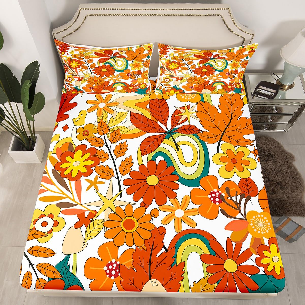 70S Groovy Hippie Flower Bed Sheets Girls Boho Rainbow Leaves Mushroom Pumpkin Flowers Sheet Set Full,Vintage Wavy Floral Bedding Set Aesthetic Psychedelic Fitted Sheet + Flat Sheet + 2 Pillow Cases