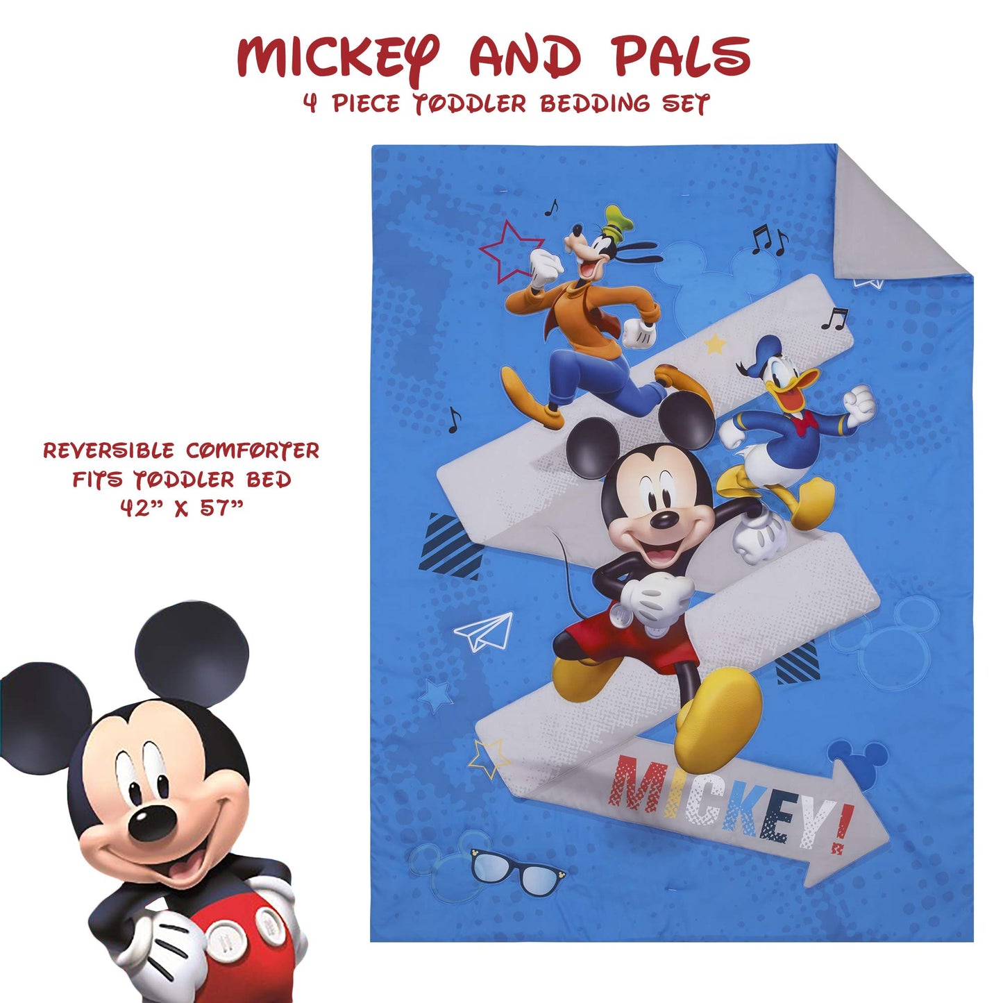 Disney Mickey Mouse and Pals 4 Piece Toddler Bedding Set - Fitted Sheet, Pillow Case, Top Sheet, and Comforter Quilt - Blue