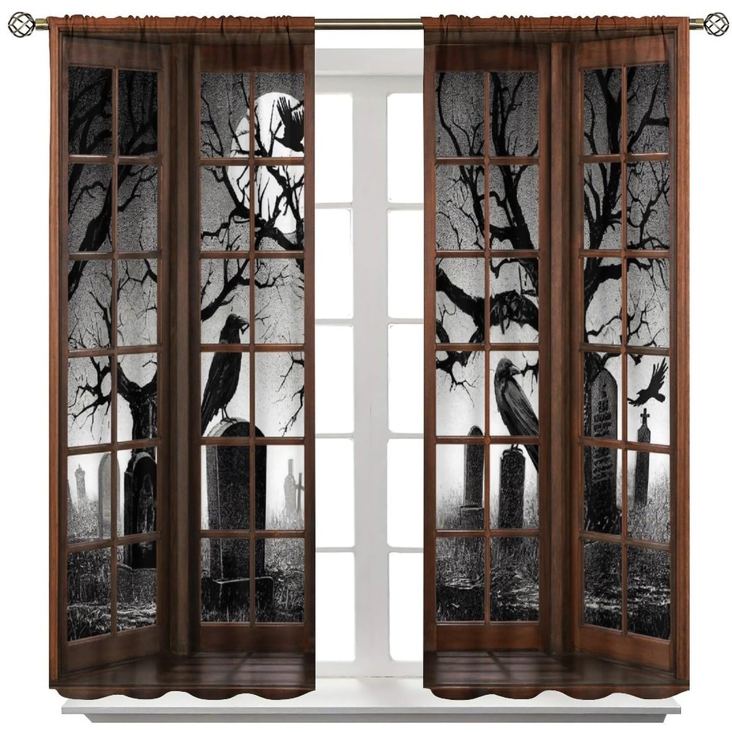 JanJCurt Misty Cemetery Curtains, Halloween Spooky Scary Forest Scenery Gothic Black Crow 3D Print Blackout Window Treatments for Kids Boys Bedroom Livingroom Holiday Decor, 42" W X 45" L