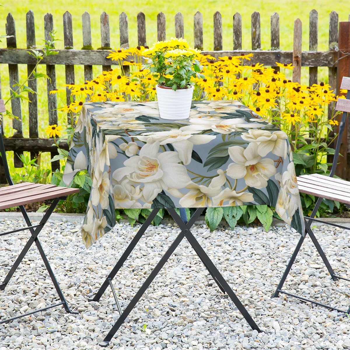 QsirBC Magnolia Flowers Green Leaves 52" x 52" Square Tablecloth Waterproof Kitchen Table Cover Washable Polyester Fabric Table Cloth for Wedding Party Dining Banquet Decoration