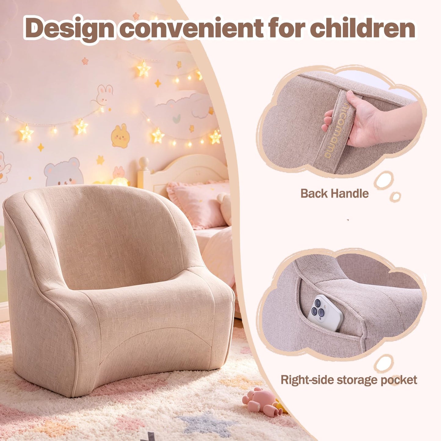 NICOMAMA Kids Bean Bag Chair, Toddler Couch with Storage Pocket, Soft Foam Baby Lounger for Playroom, Space-Saving Floor Chair for Boys & Girls (Child's Chair)