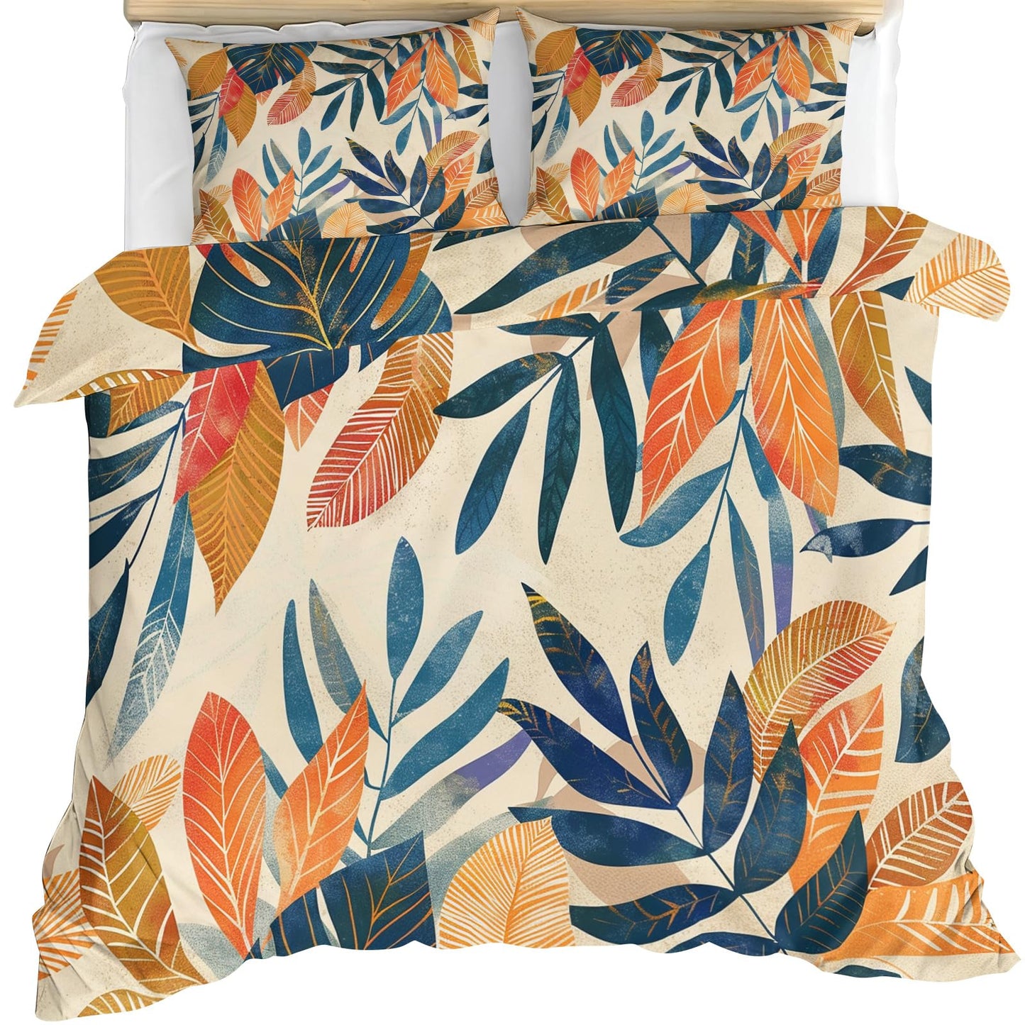 ZAMODE Leaf Duvet Cover 120" x 98", Tropical Leaf Bedding Set, Vintage Boho Leaves Comforter Cover with Zipper Ties