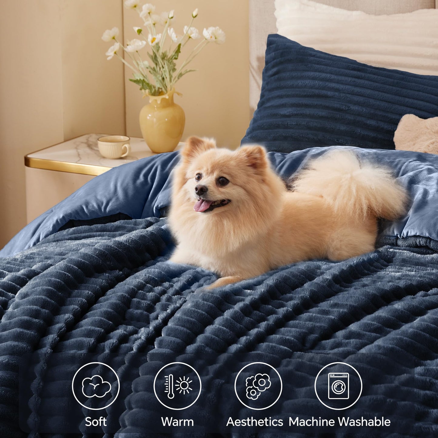 BEDELITE Fleece Queen Comforter Set -Super Soft & Warm Fluffy Navy Blue Bedding, Luxury Fuzzy Heavy Bed Set for All Season with 2 Pillow Cases
