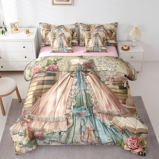 7 Pieces Twin Size Princess Dress Comforter Set,Vintage Books Print Bedding Set for Girls Room Decor,Girly Classical Castle (Comforter+Fitted+Flat Sheet+2 Pillowcases+2 Throw Pillow Covers