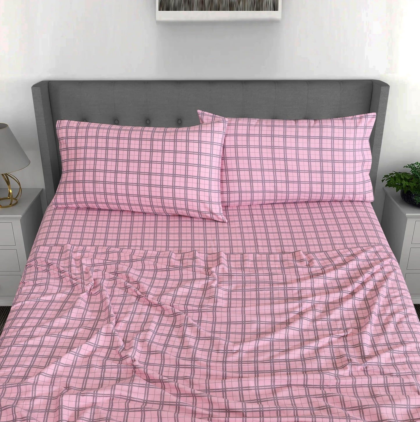 RUVANTI Flannel Sheets Queen Size - 100% Cotton Double Brushed Bed Sheets, Deep Pockets 16 Inches Queen Sheet Set, All Seasons Breathable & Extra Soft - Warm & Cozy, 4 Piece, Check & Bolt Pink