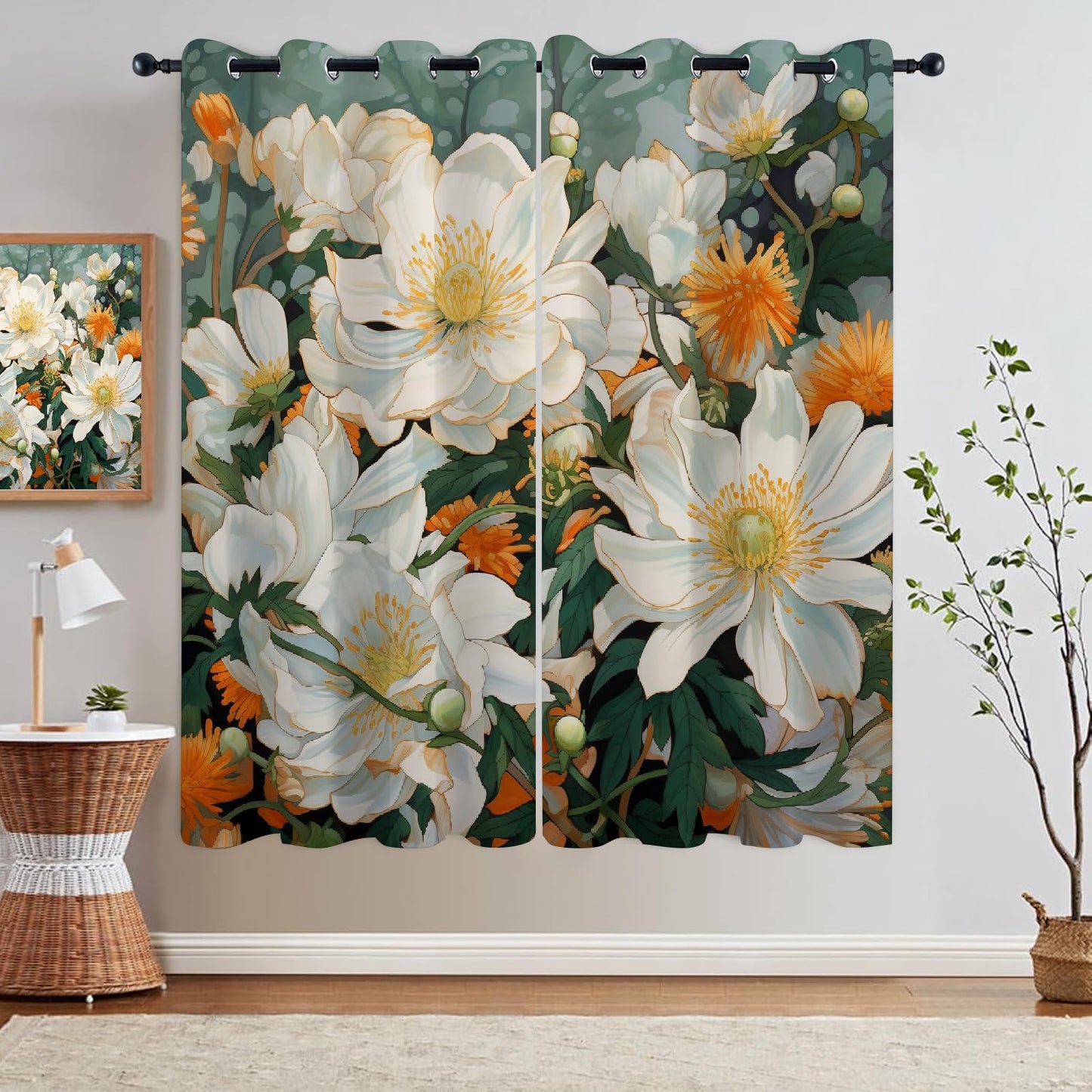Abstract Elegant Flowers Blackout Curtains, Green Leaf Background 3D Print Pattern Curtain, 2 Panels Thermal Insulated Top Grommet Darkening Drapes for Living Room Bedroom(84" W x 84 "L)