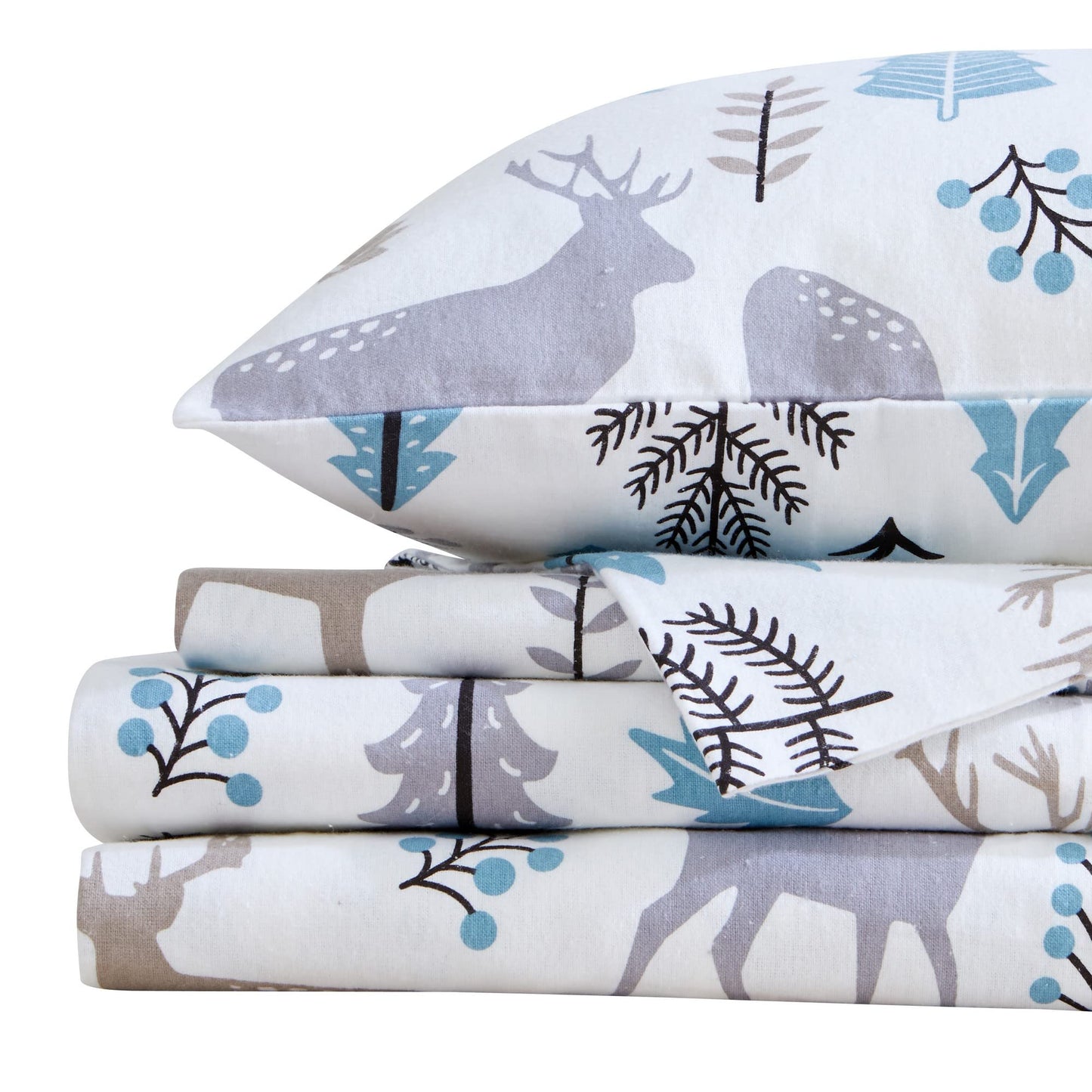Market & Place 100% Turkish Cotton Flannel Sheet Set | 4 Piece Deep Pocket Novelty Cozy Winter Bed Sheets | Double Brushed for Extra Softness & Comfort | Alpine Collection (Queen, Holiday Deer)