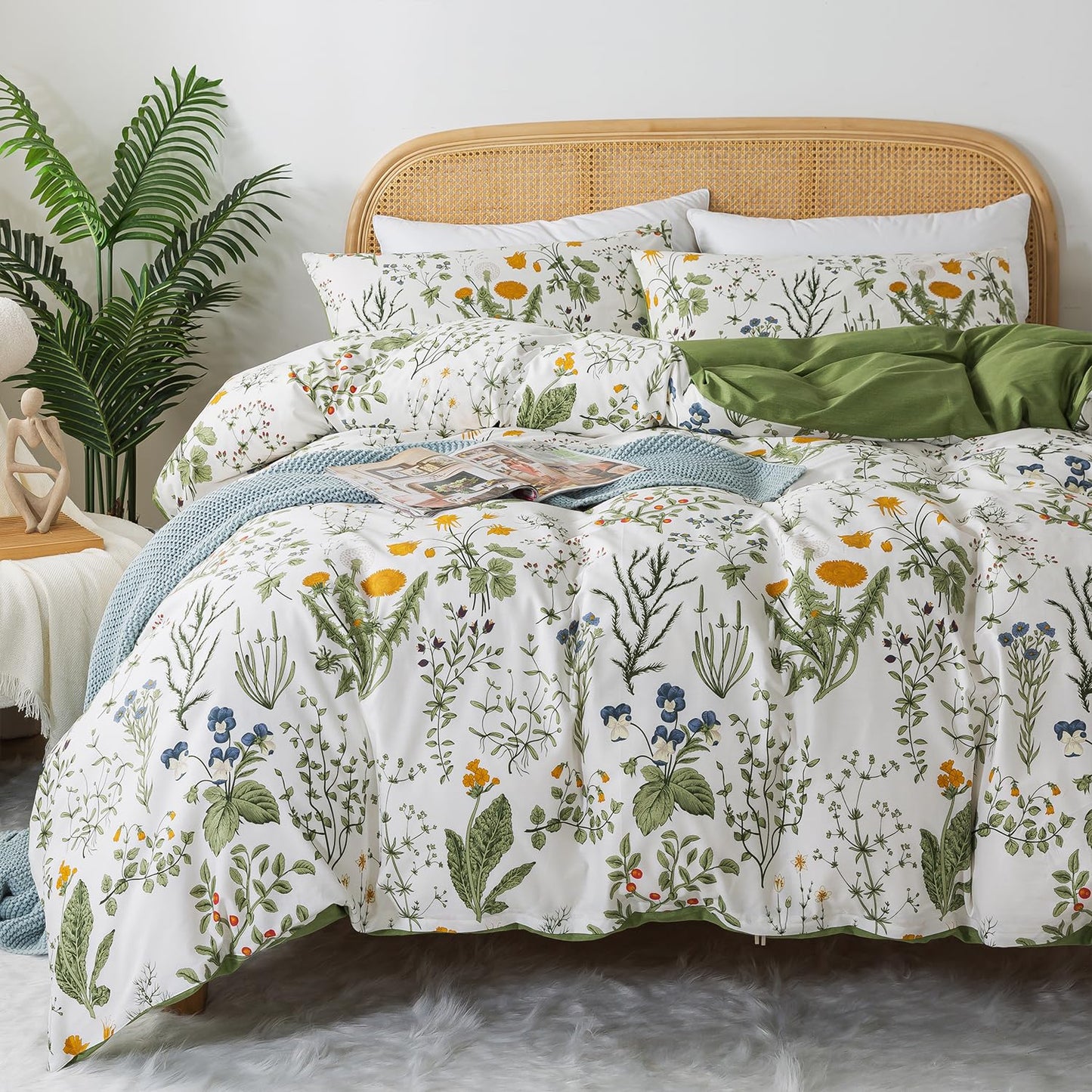 Zusbest Floral Duvet Cover King 100% Percale Cotton Botanical Garden Flower Printed Bedding Reversible Green Yellow Leaves Pattern Comforter Covers French Country Bedding Soft 3Pcs-Not Comforter