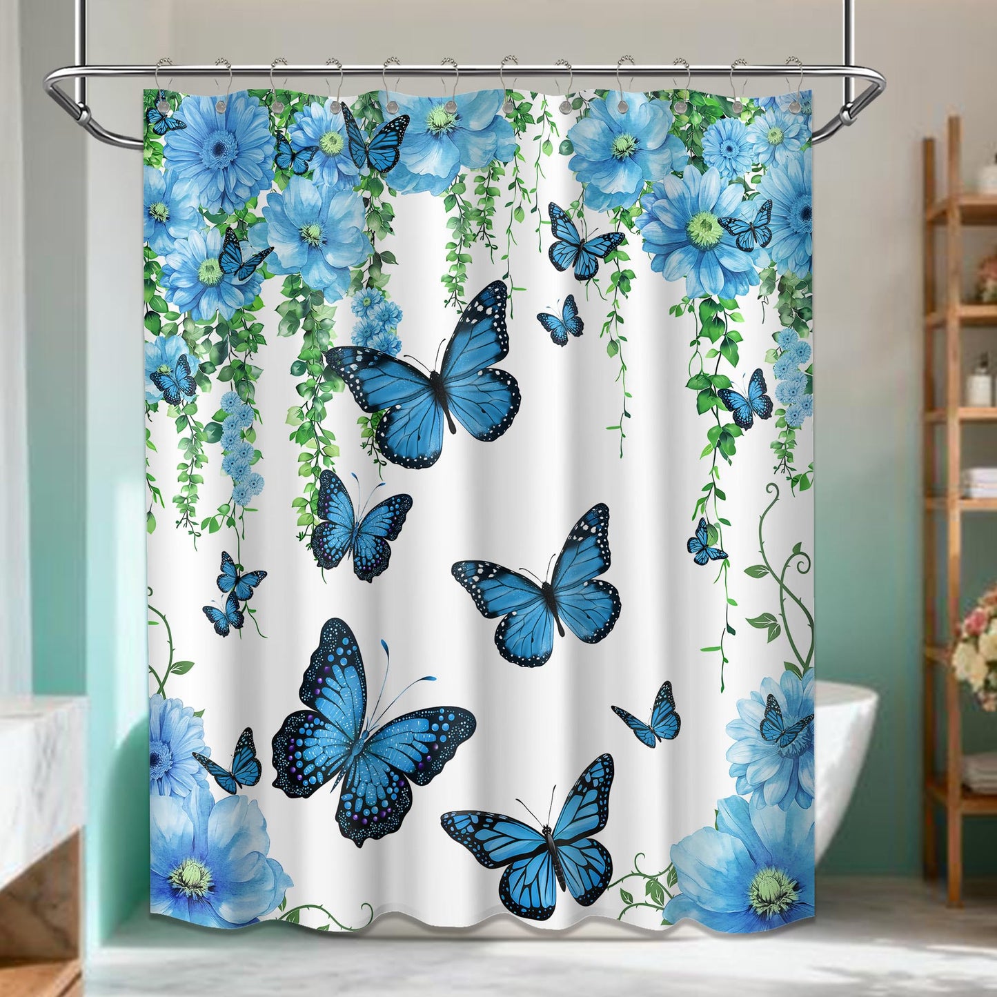Pdvbiee Blue Butterfly Flower Shower Curtain, 70 X 72 Inch