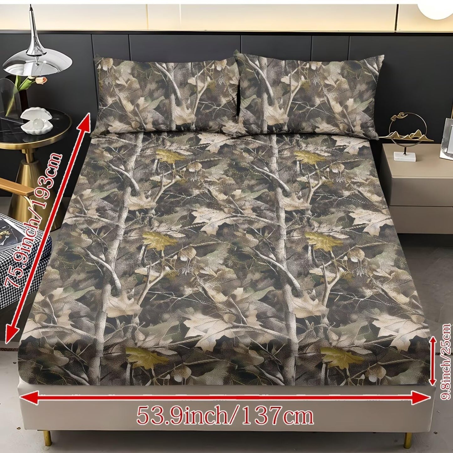 ZDCUSTOM XL Size Sheet Set Stretchy Fitted Bed Sheet Comfy Fade Resistant Bedsheet & Pillowcases with All Around Elastic Stay in Place for Bedroom Decor Branch Leaf Camo, 39" x 79"