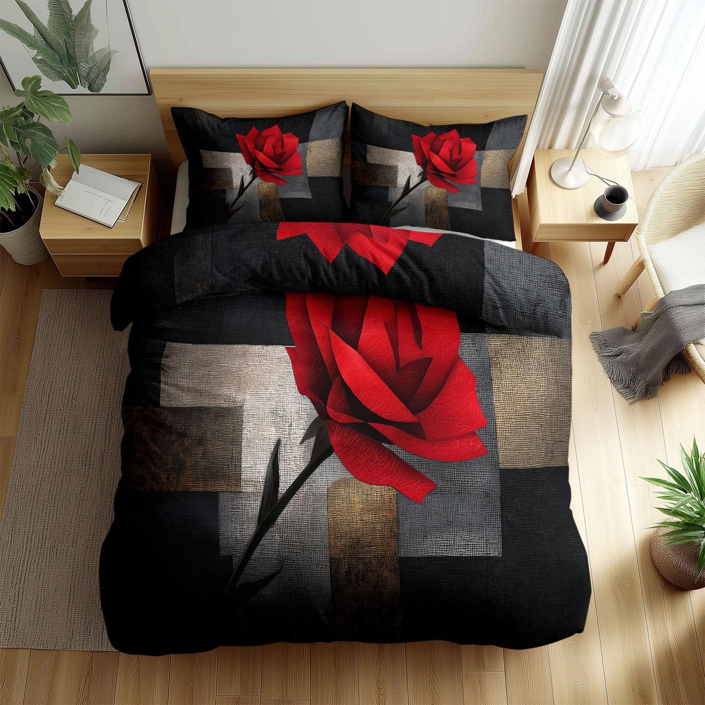 Super Soft Geometric Abstraction Duvet Cover Set Twin Size, Mosaic Leather Red Roses Bedding for Kids Boys Girls Teens - Breathable and Anti-Allergic Soft Comforter Cover 2 Pillow Shams