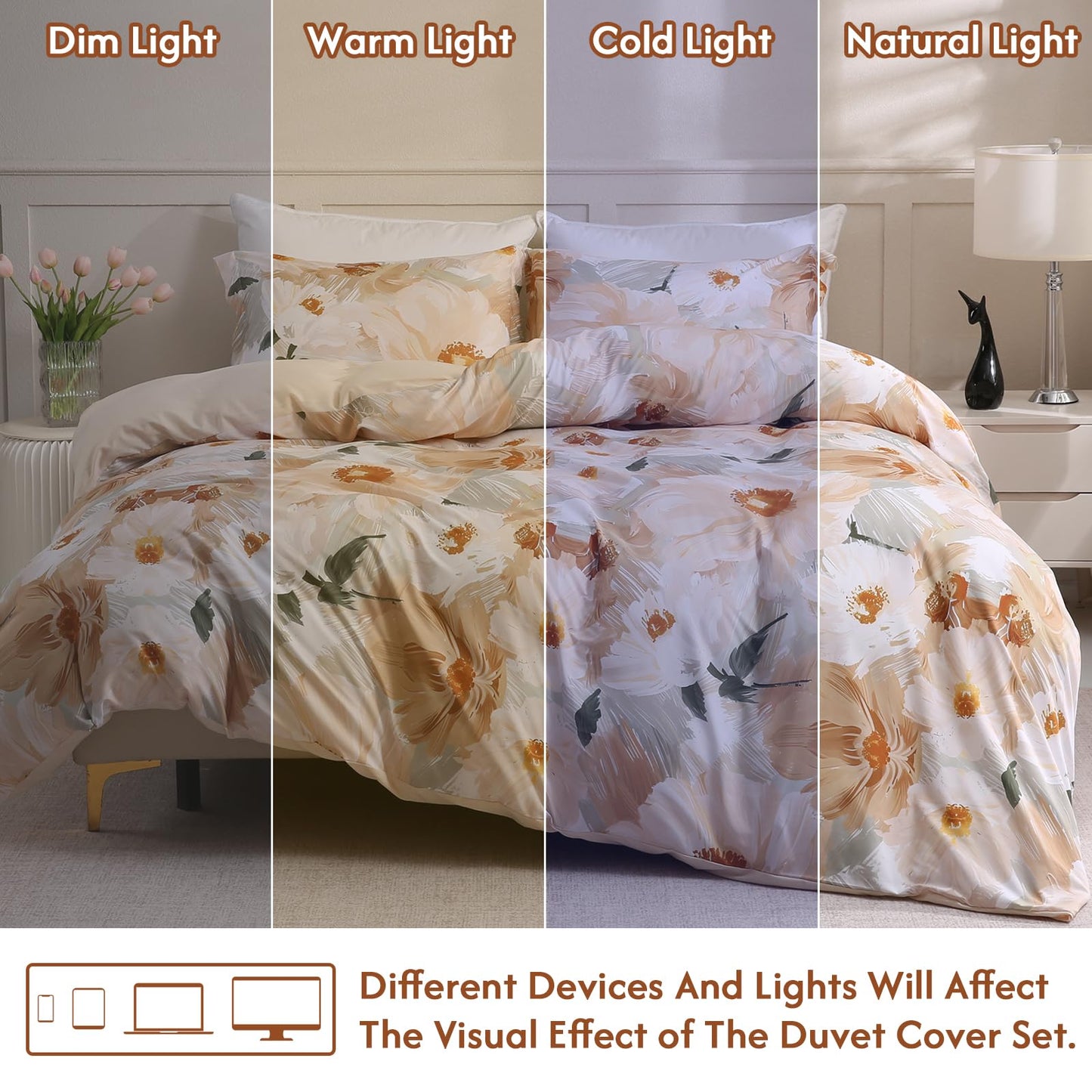 LONAVA Queen Flower 3 Pcs Duvet Cover Set, Breathable Soft Microfiber Biege Lining Comforter Cover with Zipper Closure, and 2 Anti-Pilling, Fade Resistant Pillowcases, Golden Flower