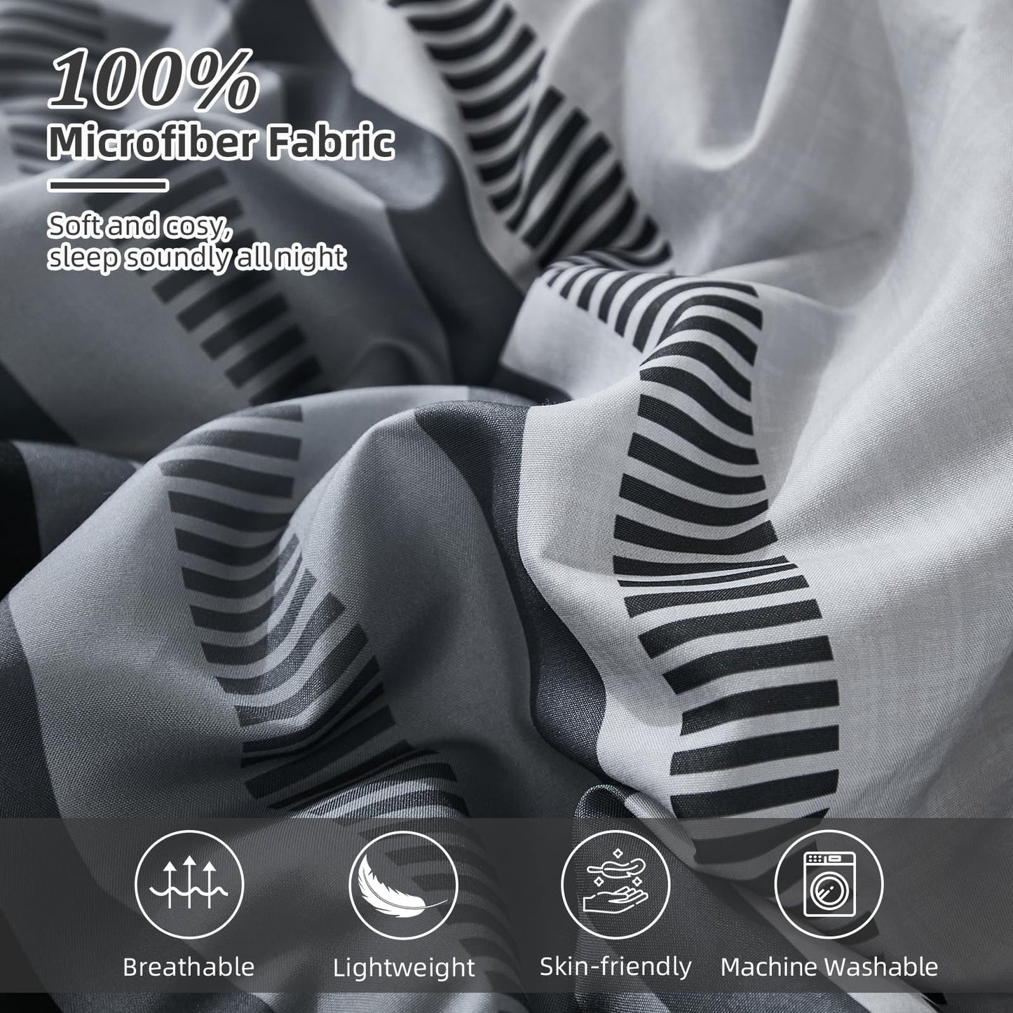Dobuyly Black Comforters Queen Size Set 7 Pieces, Boho Striped Grey Bed in a Bag Queen Soft Microfiber Bedding Set with Comforter, Sheets, Pillowcases & Shams All Season