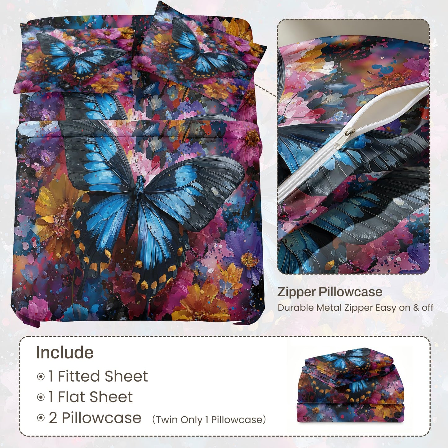 Blue Butterfly Queen Sheet Set Girls Floral Flat Fitted Sheet Sets