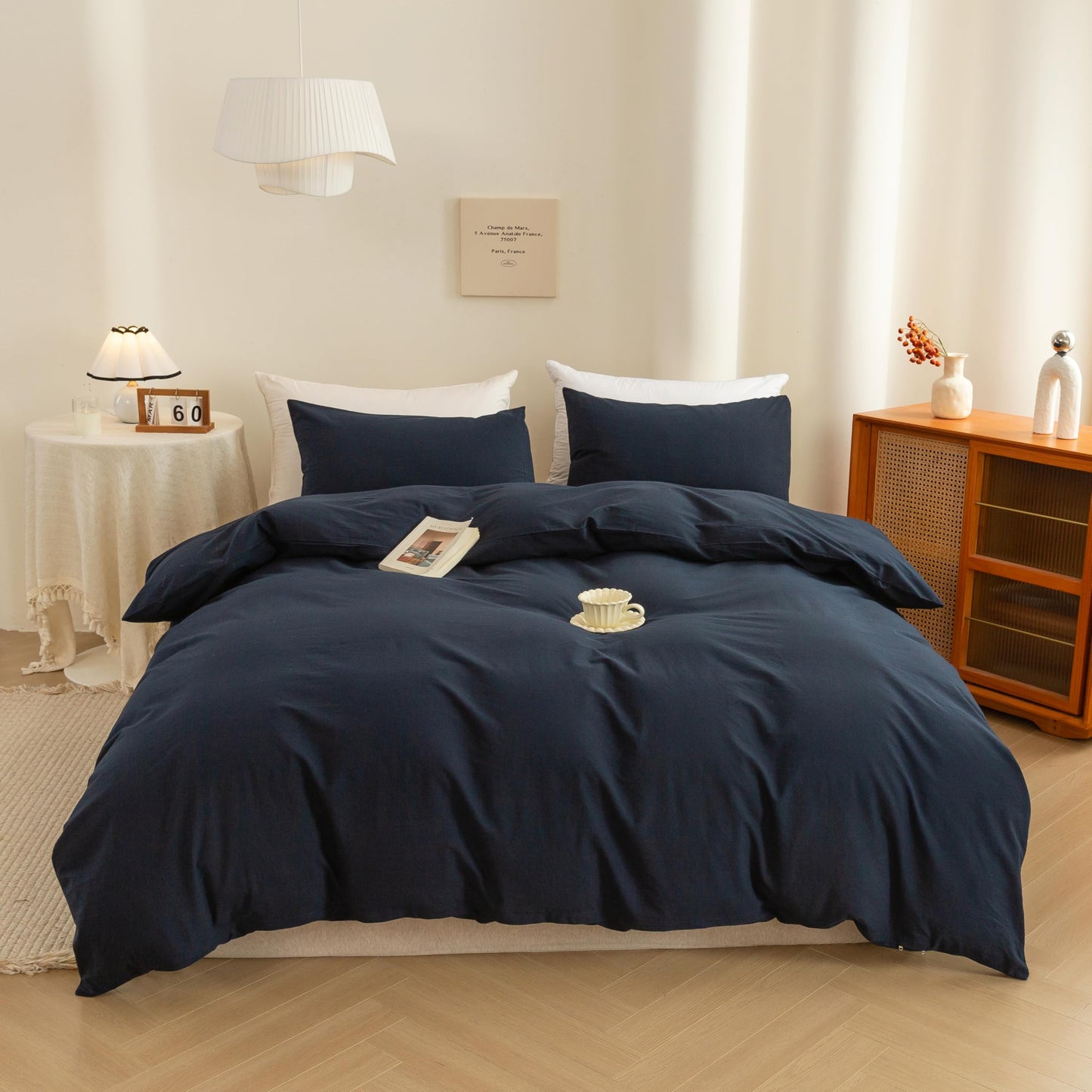 ECOCOTT Navy Blue Duvet Cover Queen Size, 100% Washed Cotton 3 Piece Bedding Set 1 Duvet Cover with Zipper and 2 Pillowcases, Ultra Soft and Easy Care Breathable Duvet Cover(Navy Blue, Queen)