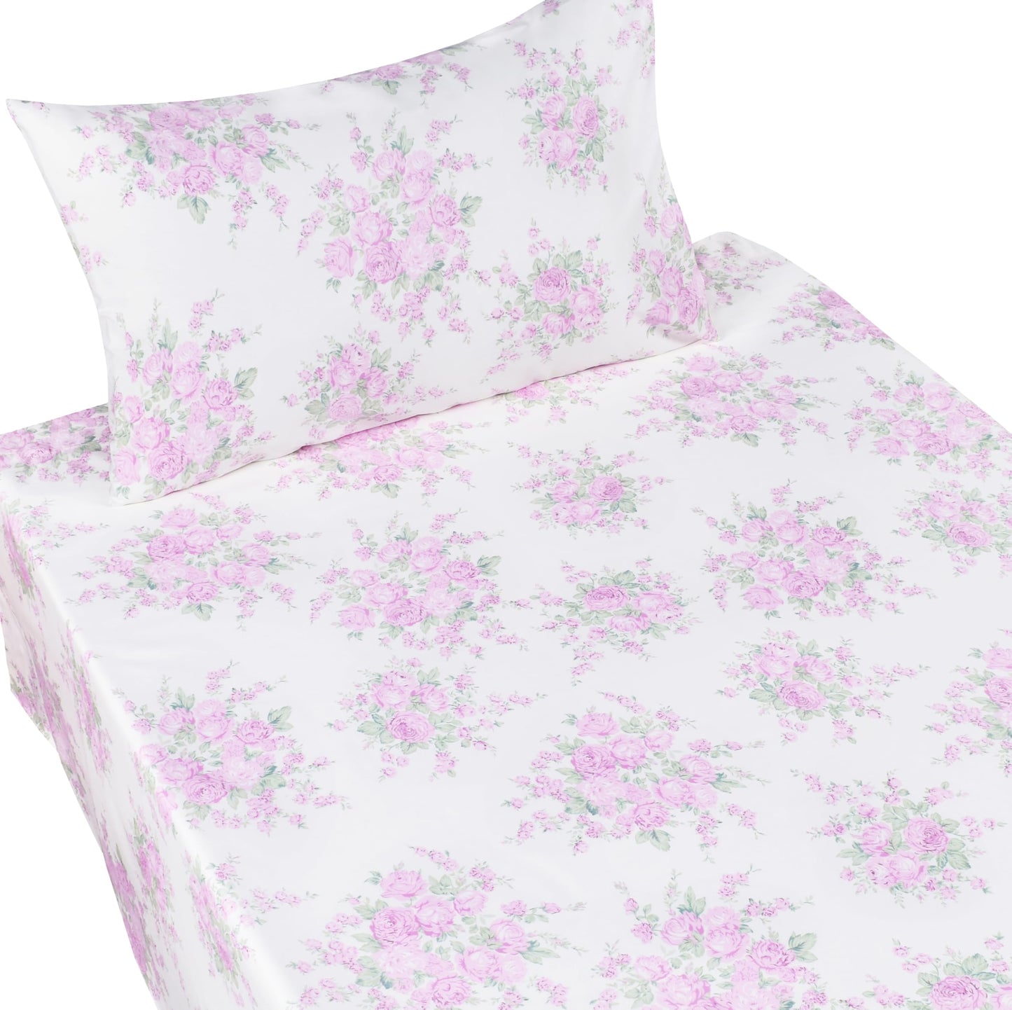 Scientific Sleep Pink Rose Bright Floral Plant Flower 100% Cotton 3 Pcs Twin Bed Sheet Set Kids Toddler Teen, Flat Sheet & Fitted Sheet & Pillowcase Kids Bedding Set Twin