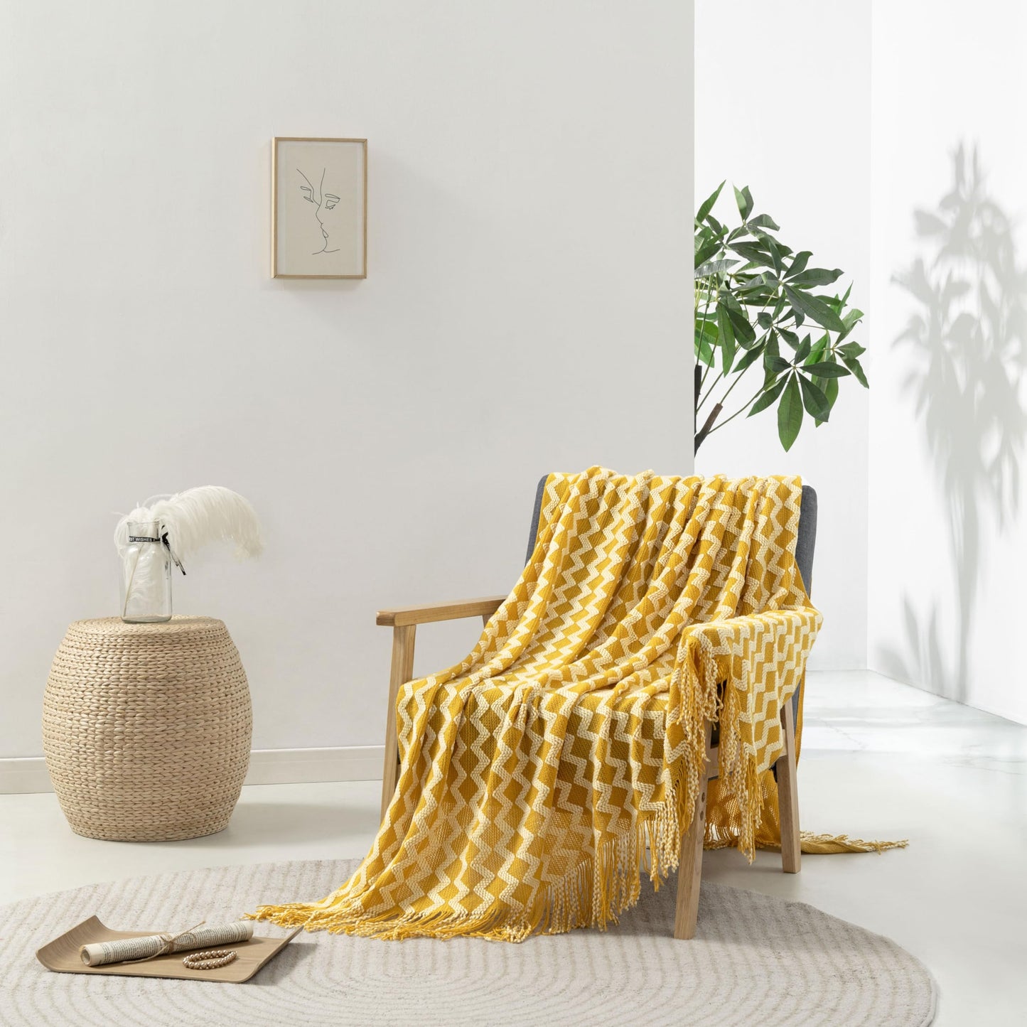 Counfeisly Double Diamond Acrylic Knitted Throw Blanket, Lightweight and Soft Cozy Decorative Woven Blanket with Tassels for Couch, Bed, Sofa, Travel, 50 x 60 Inches, Yellow