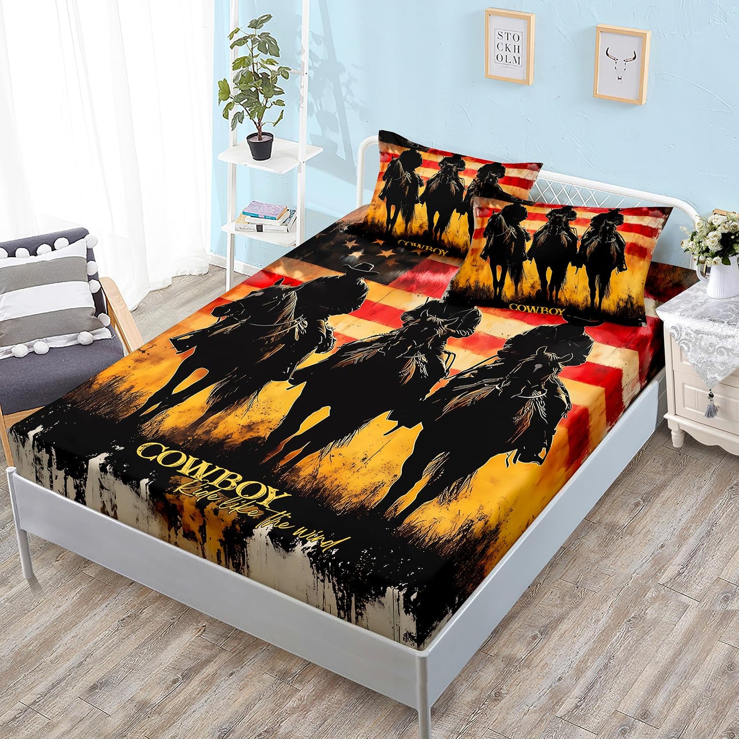 HOSIMA Cowboy Twin Fitted Sheet,Cowboys Riding Horses Print Western Bedding for Adults Teens Boys Room Decor,American Flag Background Pattern Country Bedding,1 Fitted Sheet+2 Pillowcases.