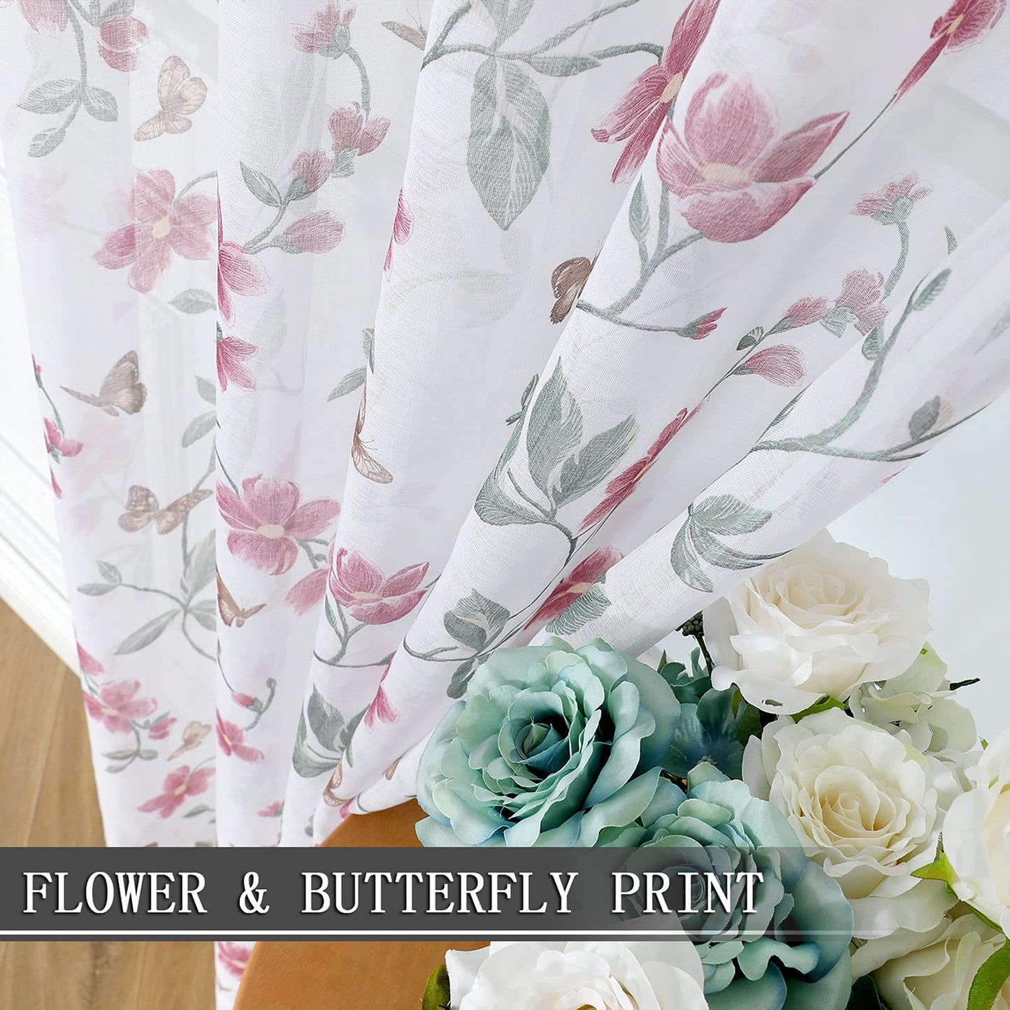 Tollpiz Sheer Floral Curtain Pink Flower Butterfly Printed Bedroom Curtains Rod Pocket Voile Faux Linen Window Curtain for Living Room, 54 x 84 inches Long, Set of 2 Panels