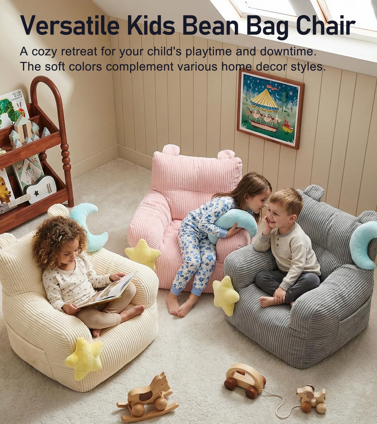 little dove Bean Bag Chairs for Kids, Comfy Bean Bag Chair with 2 Plush Toys, Toddler Chair with Pocket, Stuffed Lazy Sofa with Filler for Boys and Girls, Kids Chairs for Gaming, Reading, Pink