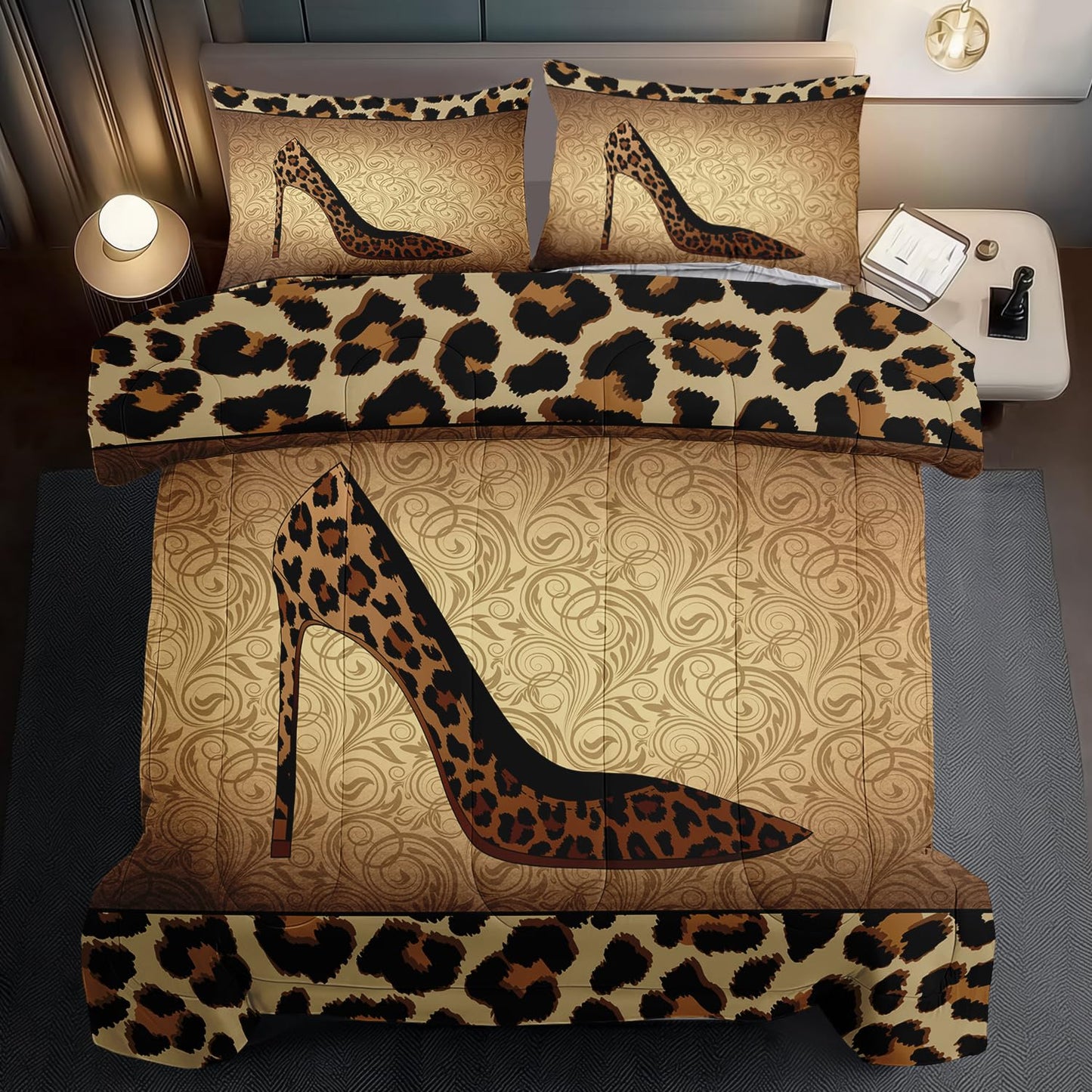 llyxsesty Leopard Comforter Set King Girls,Sexy High Heel Comforter for Women,Leopard Print Bedding Set King Adult,High Heel Quilt Bedroom Decor,African Animal Print Bedding Quilt