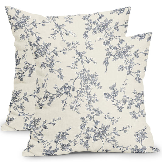 ABSOP Floral Pillow Covers 18x18 Inch Light Blue Gray and Cream Outdoor Decorative Throw Pillows Set of 2 Vintage Floral Pillowcase Chinoiserie Flower Pillow Cases for Sofa Couch Home Decor