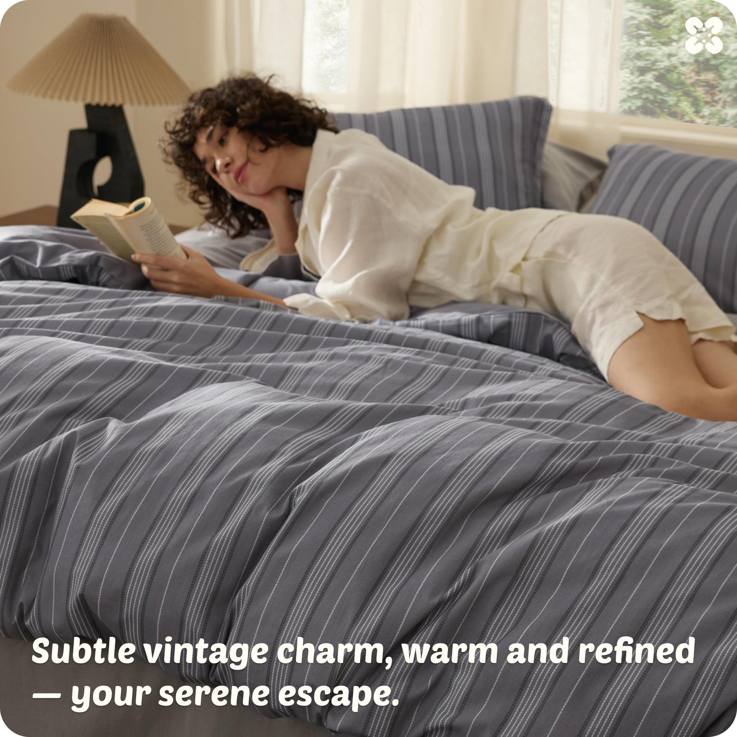 Bedsure Striped Duvet Cover Queen Size, 100% Washed Cotton PureWoven Duvet Cover Linen Like Textured, Classic Striped Pattern Enhances Bedroom Comfort and Style, Stripes Grey, 90"x90"