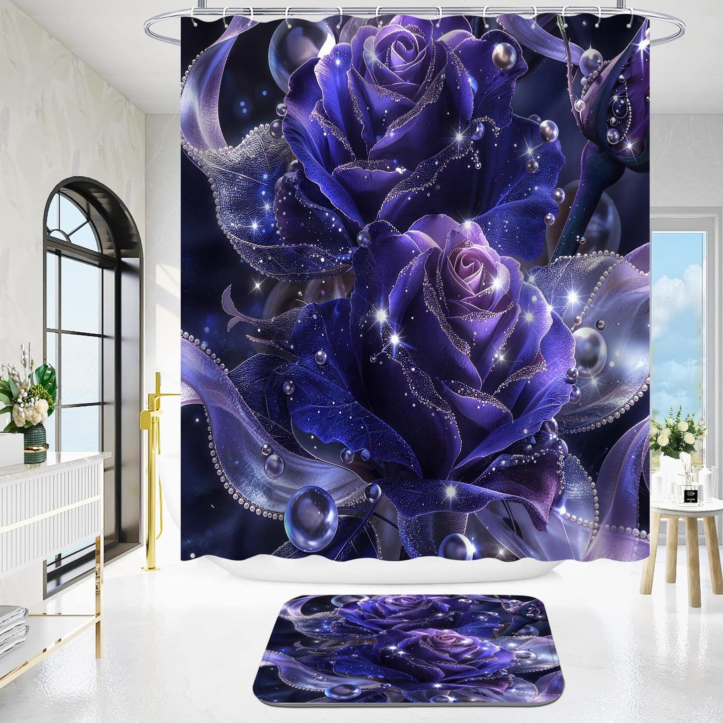 Yddsky 4 PCS Purple Rose Shower Curtain Sets,Black Bathroom Set with Modern Bathroom Curtains Shower Set with Toilet Lid Cover for Women Bathroom Decor Accessories