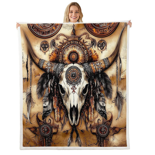 Cow Skull Fleece Blanket Gothic Sherpa Blanket 90"x90", Ethnic Tribal Southwestern Western Exotic Native American Fuzzy Plush Throw