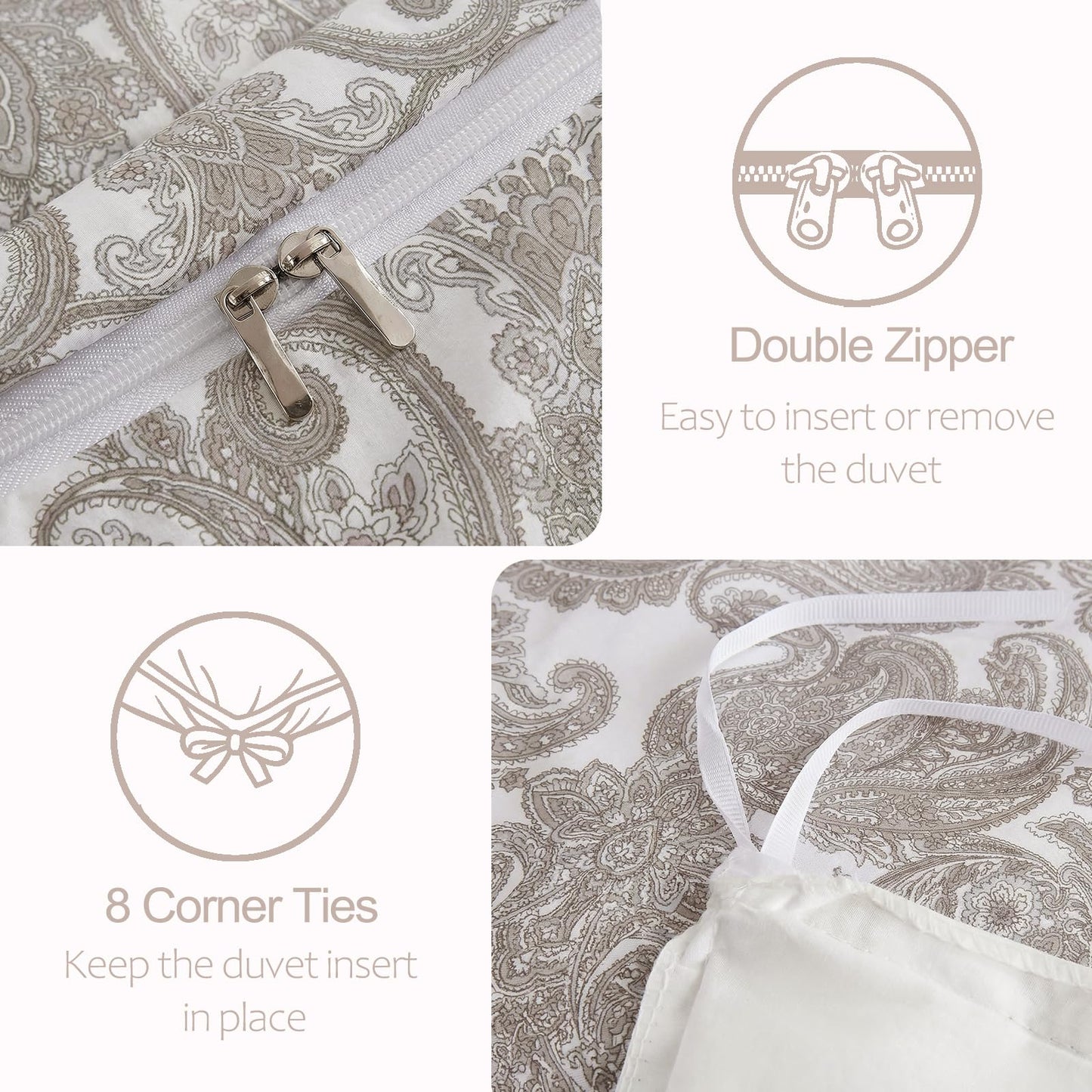 MOVE OVER 100% Cotton Duvet Cover Set Queen Size, Boho Paisley Bedding Set with Zipper Closure & Corner Ties, Soft Breathable Taupe Paisley Floral Duvet Cover for All Seasons