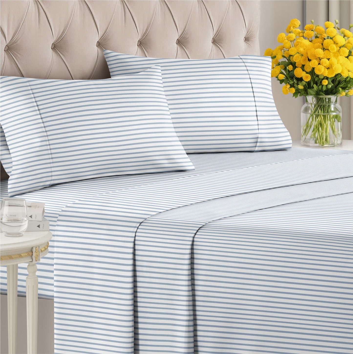 Striped Sheets - Blue & White Striped Sheets - 1 Flat & 1 Fitted & 2 Pillowcases w/ Deep Pockets – Wrinkle & Fade Free - Ultra-Soft, Breathable and Cooling - Luxury Pinstripe Bedding - Queen Size Set