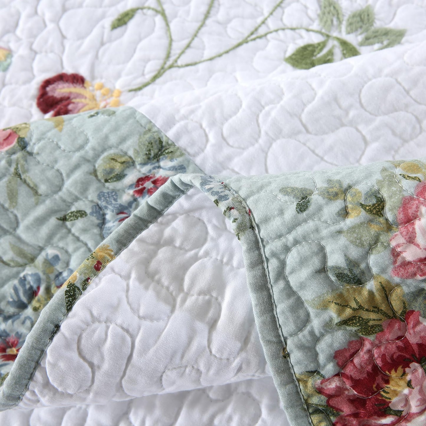 ROOMLIFE Quilt Set Queen Size 3D Floral Embroidery Pattern 3-Piece Cotton Reversible Quilted Embroidered Decorative Bedspreads Coverlet Bedding Set, Lightweight &Soft, All Season(104" X 90.5") Green