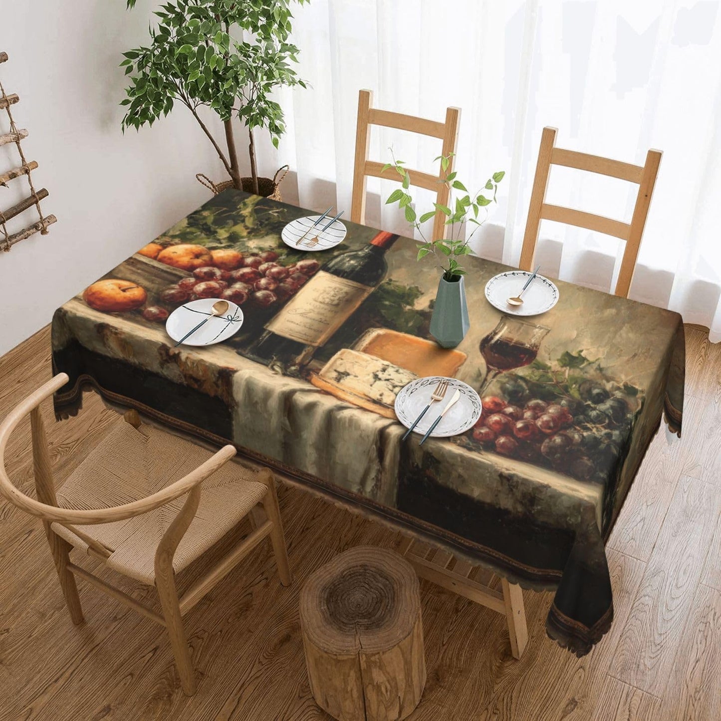 JIANKESEN Retro Wine Bottles Glasses and Grapes Tablecloth Rectangle Cheese Fresh Fruits Rustic Table Cloth Wrinkle Resistant Table Cover for Kitchen Dining Party Decorations 54 x 72 Inch