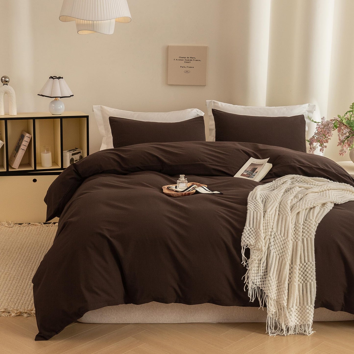 ECOCOTT Duvet Cover Queen Size -100% Washed Cotton Linen Like Textured Breathable Durable Soft Comfy Bedding Set with Zipper Closure & Corner Ties (Cocoa Brown, 90"x90")