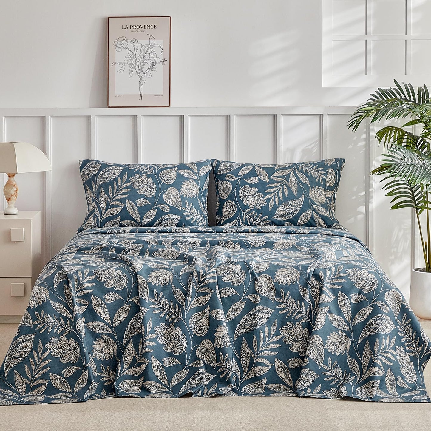 Tokokimo Paisley Sheets Set King Size, 16 inches Deep Pocket Fitted Sheet, Flat Sheet & Envelope Closure Pillowcases, Soft Breathable Microfiber Sheet Set 4-Piece, Blue Leaf Floral