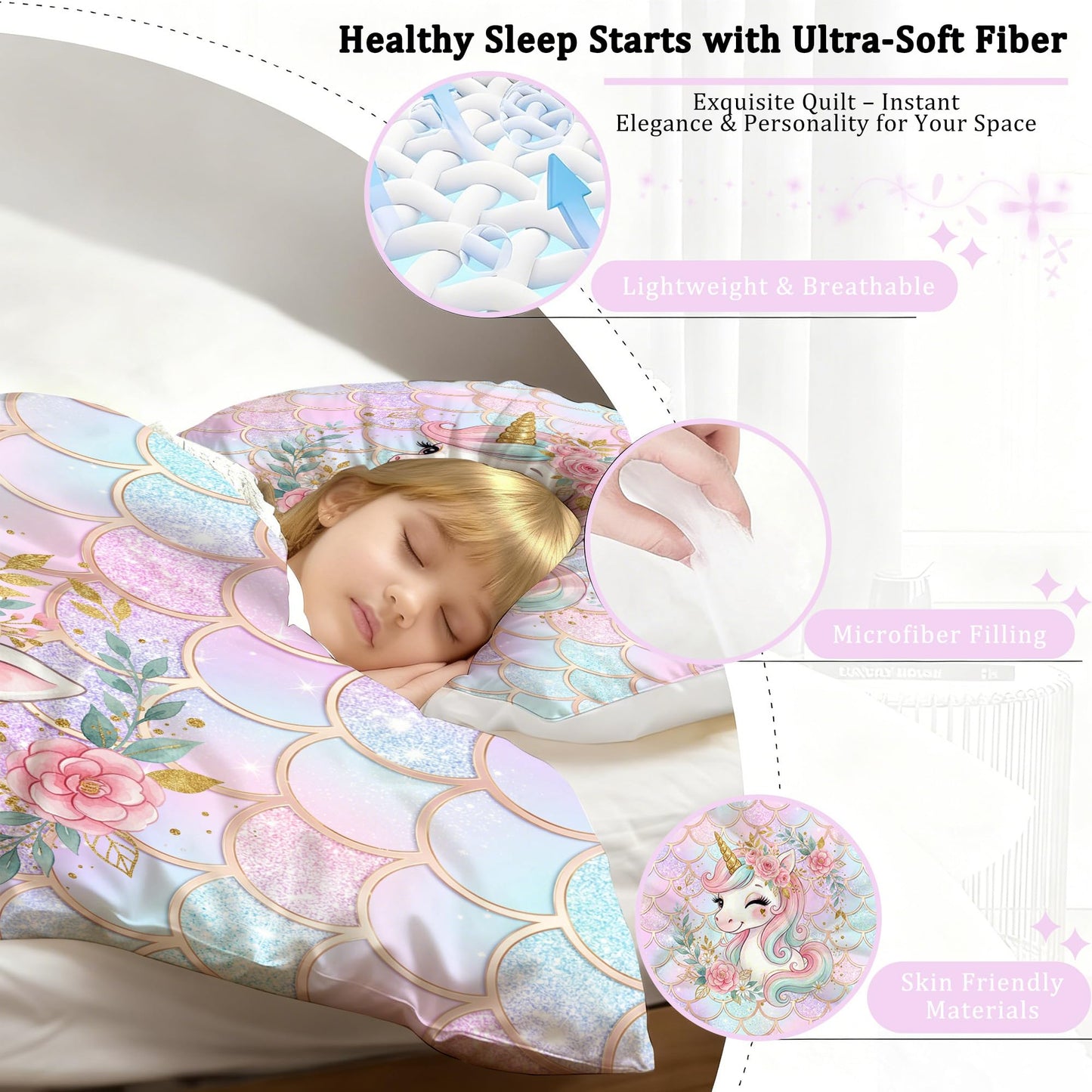 VTKON Unicorn Mermaid Bedding Set Twin Size, Pastel Pink Blue Glitter Scales Comforter Set, Magical Fantasy Bed Set for Kids Girls Room with 1 Comforter + 1 Pillowcase