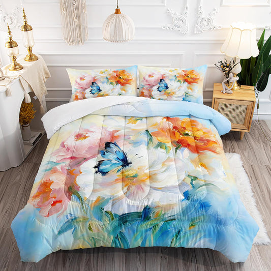 AILONEN Twin Comforter Set 3 Piece, Watercolor Floral Bedding with 2 Pillowcases, Blue Orange Butterfly Room Cover for Kids Dorm