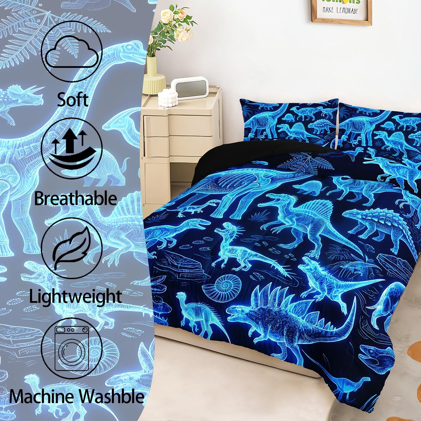 AILONEN Neon Blue Dinosaur Queen Comforter Set, 3D Holographic Skeleton Microfiber Quilt, All Season Fossil Adventure Bedding for Guestroom Home Styling, 1Quilt+2Pillowcases