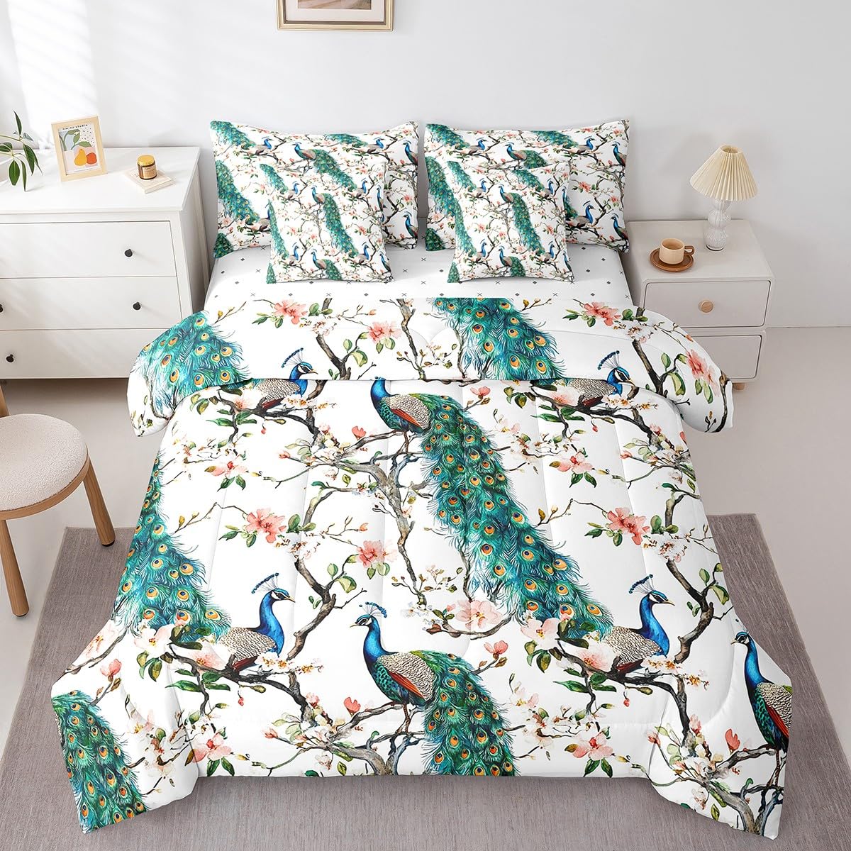 jejeloiu Peacock Comforter Set 7 Pieces Full Size Kids Cherry Flower Bed in a Bag for Boys Girls Royal Peacock Bird Bedding Set Green,Comforter + Sheets + Pillowcases + Cushion Covers