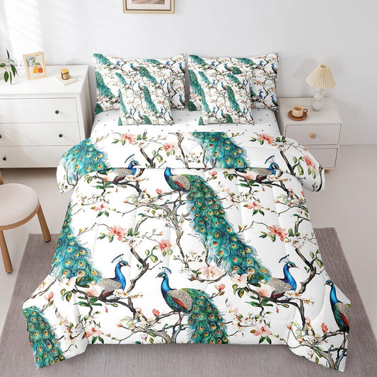 jejeloiu Peacock Comforter Set 7 Pieces Full Size Kids Cherry Flower Bed in a Bag for Boys Girls Royal Peacock Bird Bedding Set Green,Comforter + Sheets + Pillowcases + Cushion Covers
