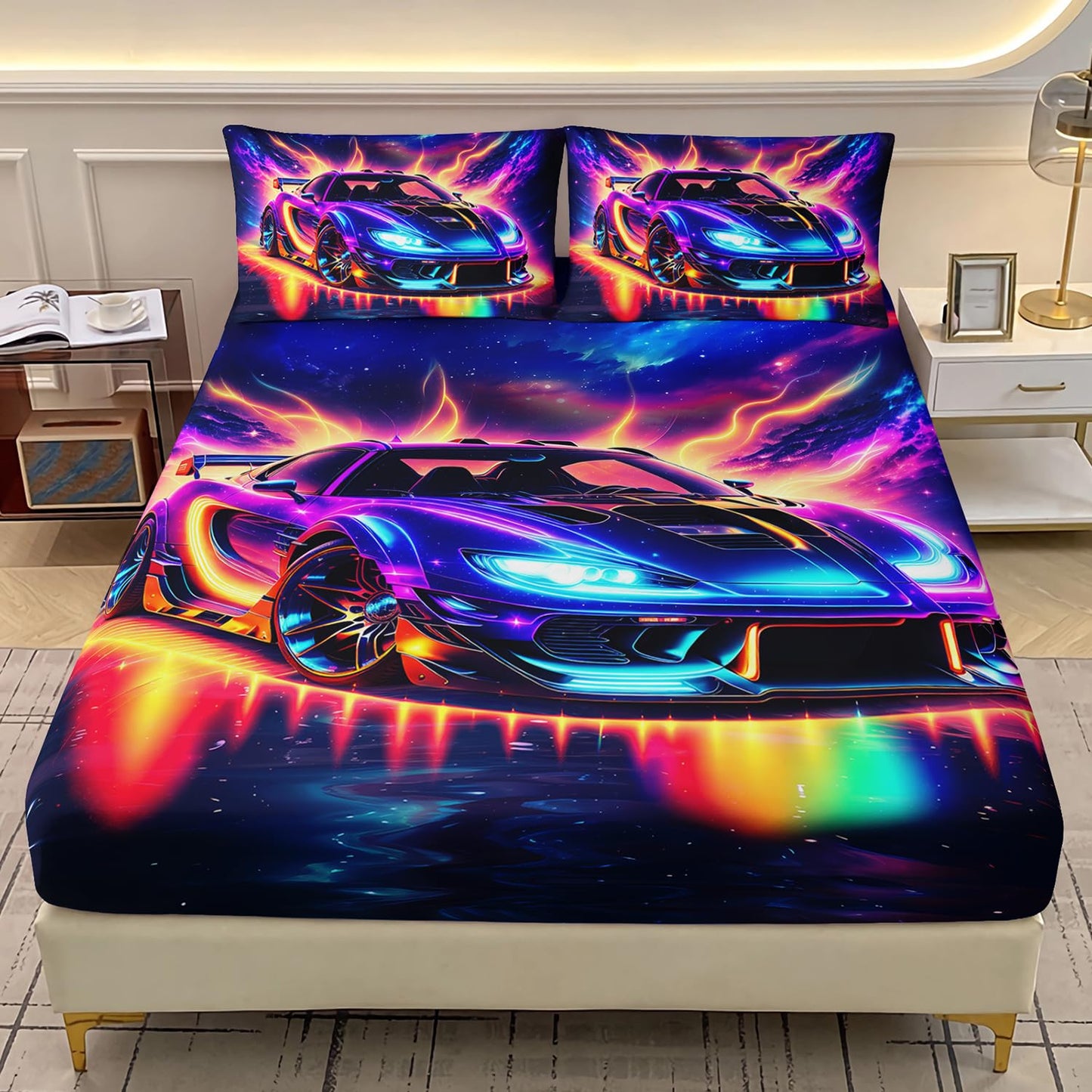 AILONEN 3D Gorgeous Racing Car Fitted Sheet Set Twin Size,Modern Race Car Bedding Set for Kids,Boys,Extreme Sports Theme Bed Sheet Set,Milky Way Bedsheets Set,1 Fitted Sheet 2 Pillowcases,3-Piece