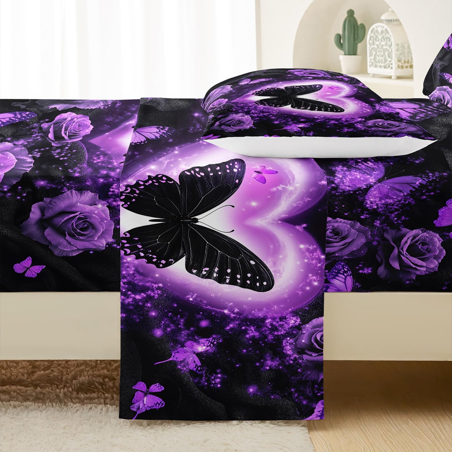 QOOMO Purple Butterfly Kids Sheets Full Size,Rose 16" Deep Pocket Bed Sheet Set,Rose Printed Bedroom Decor Bedding Set Soft and Breathable for Boys/Girls/Kids/Teens