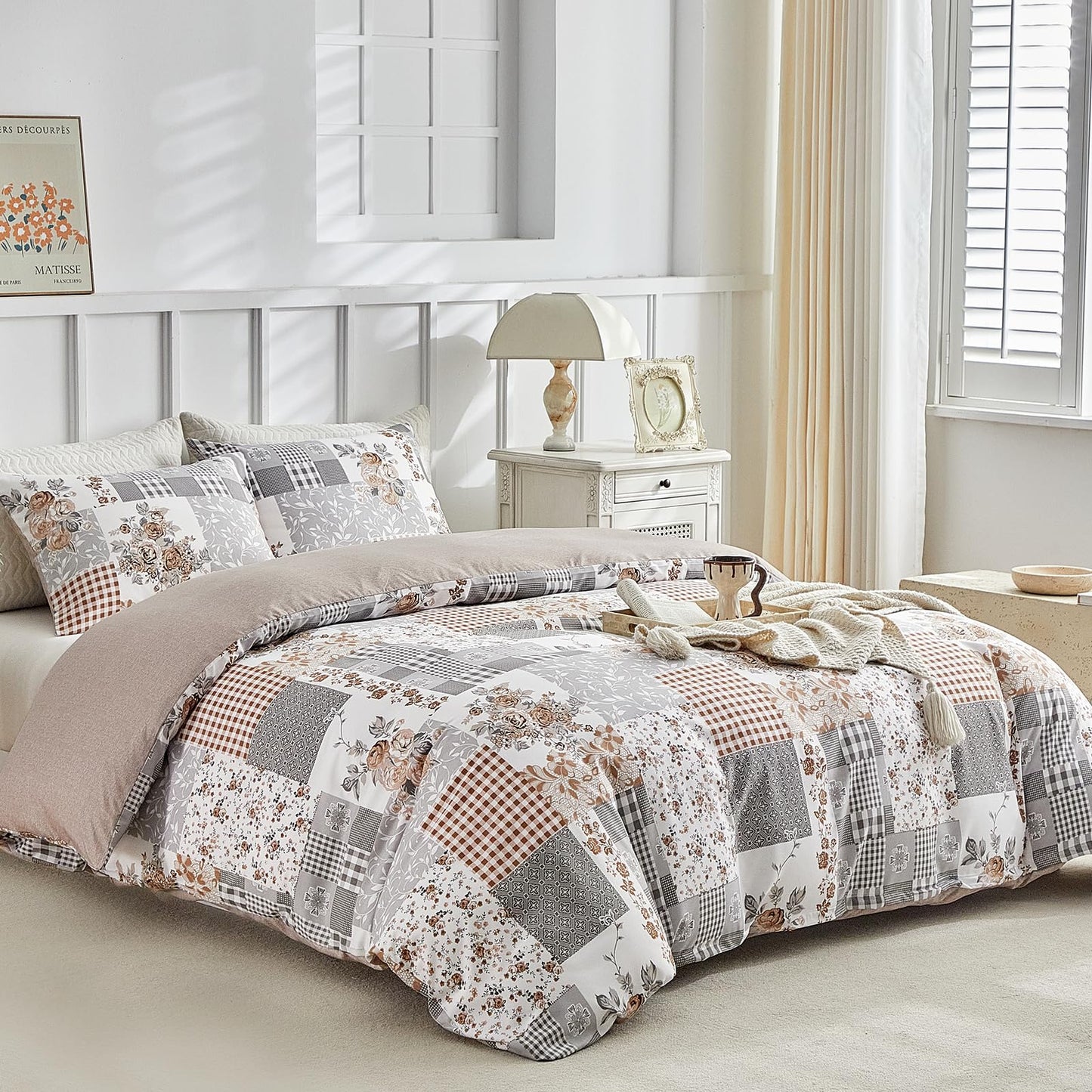 Lekesky King Size Duvet Cover Set, Patchwork Floral 3 Pieces Reversible Grey Duvet Cover Set, Ultra-Soft Microfiber 3 Pieces Comforter Cover with Zipper and Corner Ties, Includes 2 Pillowcases