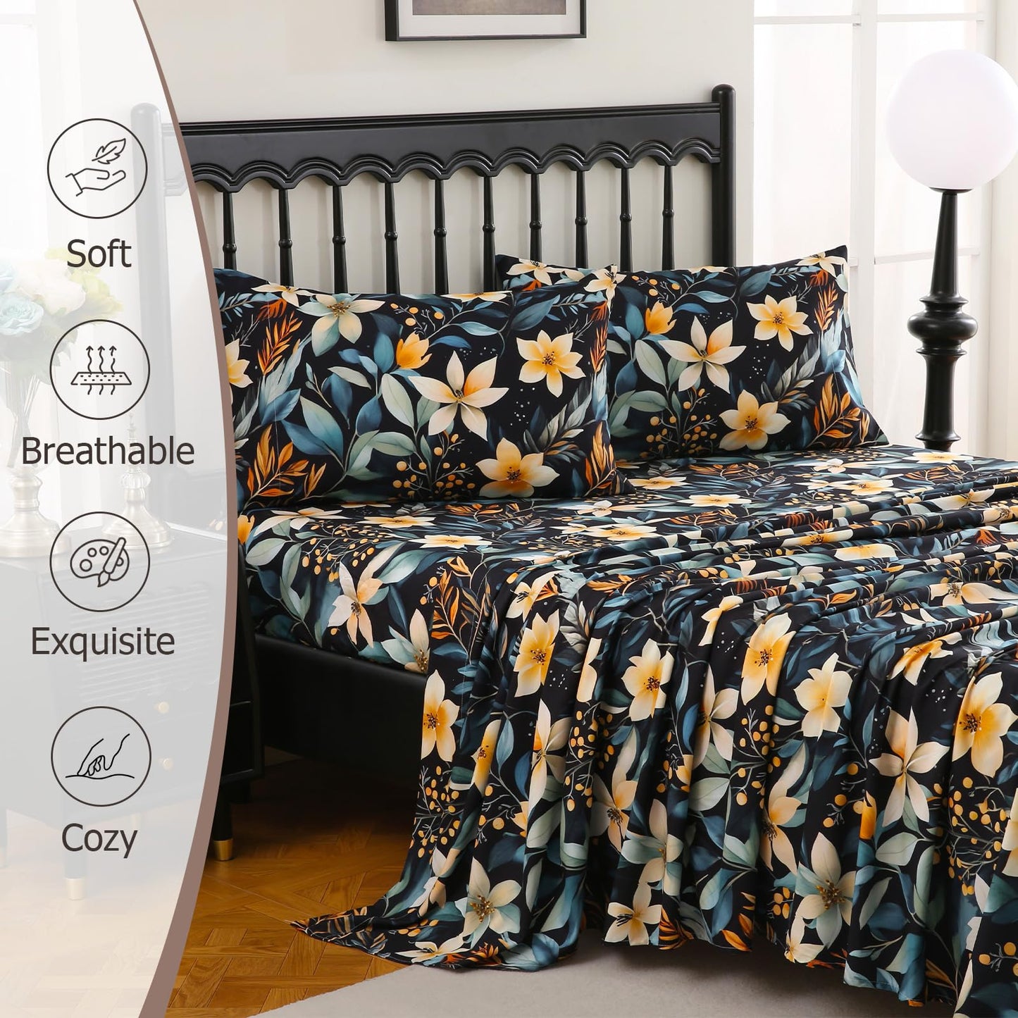 CozySmile 4 Pieces Queen Sheet Set Floral, Boho Sheets Soft Microfiber Deep Pocket, Floral Sheets (Queen, Tranquil Night Lily)