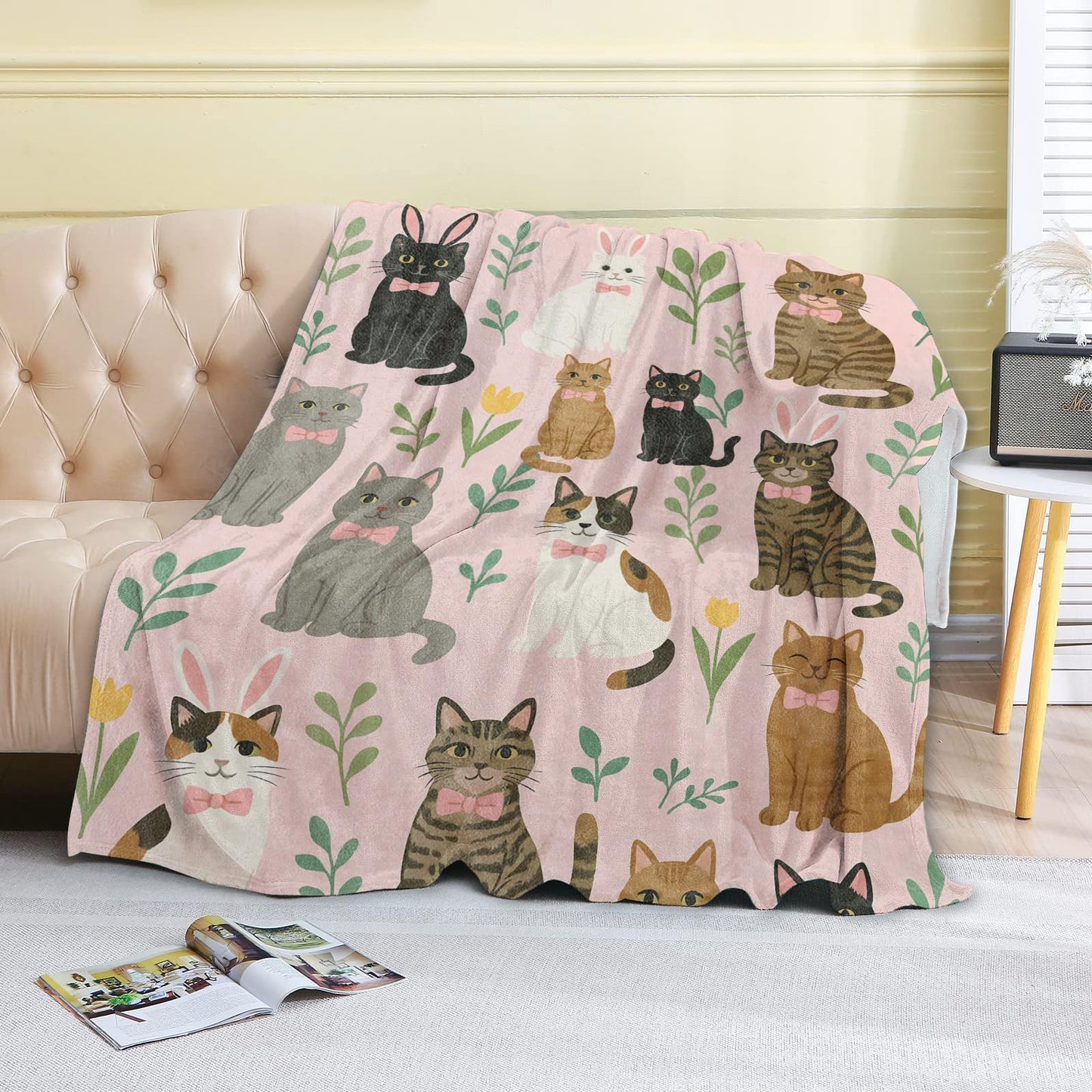 coedoaes Spring Cat Fleece Blanket,50x60in,Cute Kitten Pattern with Bows and Bunny Ears on Pink Floral Throw Blankets,Soft Cozy Lightweight, Ideal for Bed Living Room Home Romantic Decor,Women Gifts