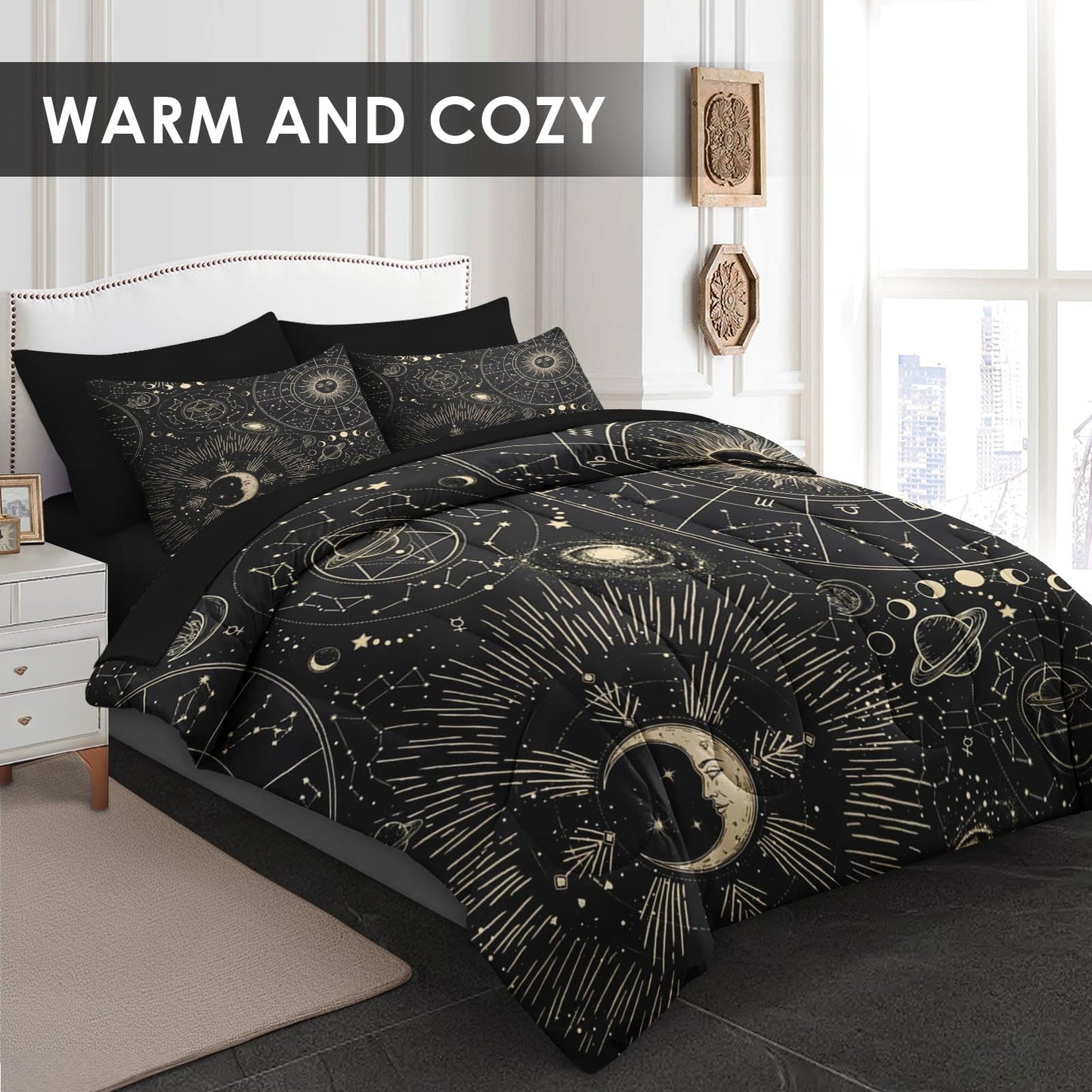 Pamnest Comforter Set Queen Size, Celestial Moon Witchy 7 Pcs Bedding for Kids and Adults, Space Science Galaxy Retro Bed Sheet Sets with Fitted Sheet 2 Pillowcases & 2 Shams for Bedroom Bed Decor